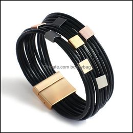 Charm Bracelets Jewellery Amorcome Fashion Milayer Magnetic Clasp Genuine Leather Bracelet With Alloy Plated Dhc9D