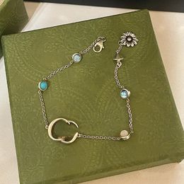 Brand Charm Bracelets S925 Silver Sterling Silver Classic Daisy Turquoise Bracelet Female