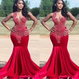 2022 Plus Size Arabic Aso Ebi Red Mermaid Luxurious Prom Dresses Sexy Velvet Evening Formal Party Second Reception Birthday Engagement Gowns Dress ZJ889