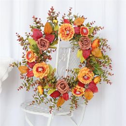 Decorative Flowers & Wreaths Simulation Autumn Chrysanthemum Rattan Wreath Wall Hanging Christmas Decor Garland Artificial Flower Plant Door