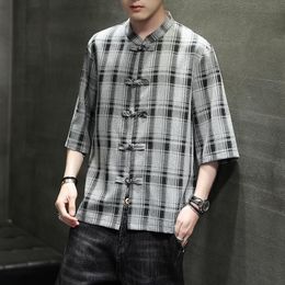 Men's Casual Shirts Chinese Style Plaid Clothes Loose Half Sleeve Shirt Men Summer Quality Cotton Linen Oversized Stand Collar Chemise Homme