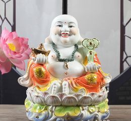 Decorative Objects & Figurines Ceramic Maitreya Buddha Statue Sitting On Lotus Mammon God Of Fortune Figurine Fengshui Home Decor 24cm Width