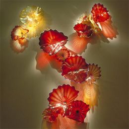 Luxury Abstract Wall Lamp Red Amber Color Hand Blown Murano Glass Plates for Wall Hanging Living Room Art Decoration