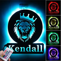 Personalised Vintage Animal Lion LED Night Light Custom Name USB Remote Control Wooden Lamp for Child Kids Room Decoration 220623