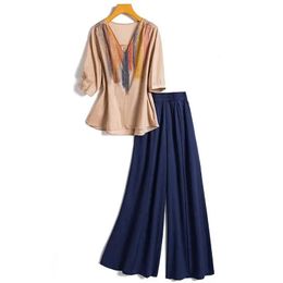 Pants suit female spring and summer fashion large size cotton linen top high waist casual wide leg pants two-piece set 220509