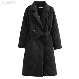 Womens Parkas Jacket Coat With Belt Overcoat Ladies Long Coat Black Geometry Plaid Long Jacket Fashion Elegant Outwear Winter L220730