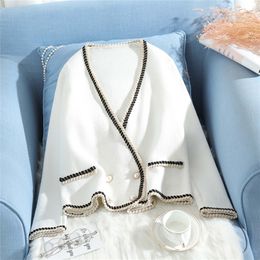 Elegant white cardigan women double breasted pearls buttons knitted sweater V-neck patchwork tops autumn arrival 201222