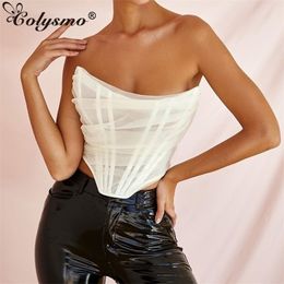 Colysmo Mesh Crop Top Women Summer s Sexy Party Club Wear Off Shoulder Corset Solid Colour Casual Streetwear Tube 220318