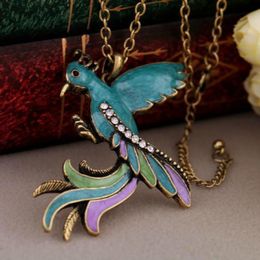 Pendant Necklaces Vintage Phoenix Gem Enamel Necklace Glazed Peacock Bird Long Women Ethnic Jewelry Christmas GiftsPendant