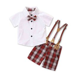 Citgeett Summer Kids Baby Boys Suit Set Gentleman Plaid Collar Short Sleeve Jarretl Shorts Overall Pants Set J220711