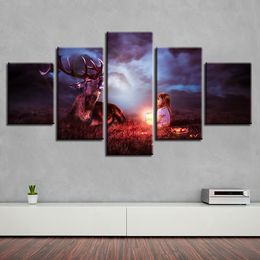 The little girl and the stag at night Canvas HD Prints Posters Home Decor Wall Art Pictures 5 Pieces Art Paintings No Frame