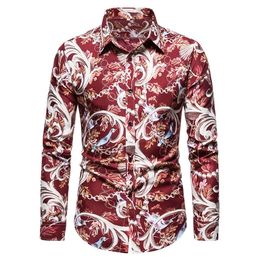 50kg100kg Mens Fashion Birds and Flowers Printed Turn Down Collar Regular Fit Button Down Long Sleeve Shirts 210412