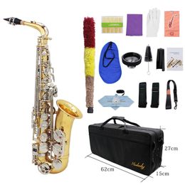 Alto Saxophone Sax Glossy Brass Engraved Eb E-Flat Natural White Shell Button Wind Instrument with Case Mute Gloves