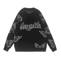 Hip Hop Vintage Knitted Pullover Men Fashion Butterfly Print Sweaters O-Neck Casual Oversized Streetwear Unisex Autumn Winter T220730