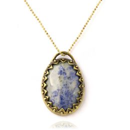 Natural Crystal Stone Necklace Pendant Oval Cabochon Bead Brass Base White Dot Blue egg Pendants Jewelry for Women