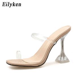 Slippers Eilyken plus tamanho 35-42 PVC Transparent Band Square Aberto do pé de tolo de vidro de cristal transparente Sapatos 220329