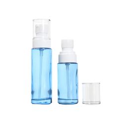 Empty Blue Glass Bottle Flat Shoulder White Collar White Lotion Spary Pump With Clear Cover Portable Refillable Cosmetic Packaging Container 20ml 30ml 40ml 60ml