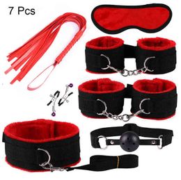 Nxy Bondage Bdsm 7 Pcs Kits Plush Sex Set Handcuffs Games Whip Gag Nipple Clamps Toys for Couples Exotic Accessories 220419