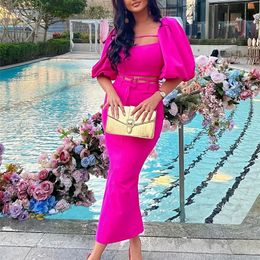Rose Red Lantern Sleeve Vintage Women Dress Sets Elegant Buckle Strapy Straight Half Sleeve Backless Midi Party Dress Suits 220511