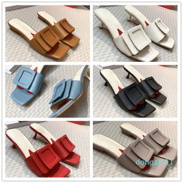 2022 Top Quality Luxury Women Sandals Brand Square Button Slippers Genuine Leather Non-Slip Flip Flop Wear-Resisting Flat Slides Sandal Size