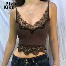 eKiki Lace Patchwork Brown Crop Top Y2k Clothes Fairy Grunge Style Cropped Tees Cami Ribbed Knitted Tank Tops P67-BB10 220407