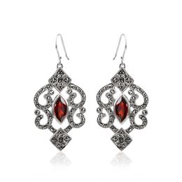 Earrings for Women Vintage 925 Silver Garnet Lantern-shaped Dangle With Marcasite Elegant Eardrop