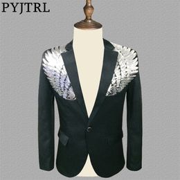 PYJTRL Blazer Men Stylish Black Silver Wing Sequins Slim Fit Shiny Blazers Party Prom Stage DJ Singers Suit Jacket Costume 201104