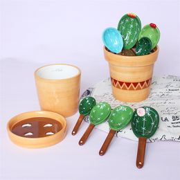 Ceramic Rice Cactus Scale Baking uring Household Spoon Cute Kitchen Tool with Base 220727