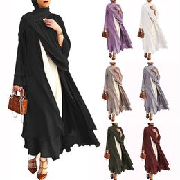 Hot Sell Muslim Loose Womens Dress With Scarf For Solid Colour Cardigan Arabia Dubai African Chiffon Large Size Islamic Abaya Clothing 21419