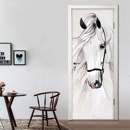 Self-adhesive 3D Door Stickers Hand Painted White Horse Abstract Art Wall Painting Bedroom Study Room Mural Wallpaper Decor 220426
