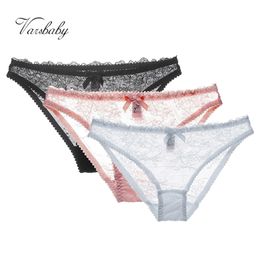 Varsbaby sexy lace low-waist S-XL briefs hollow bow underwear transparent panties 220511