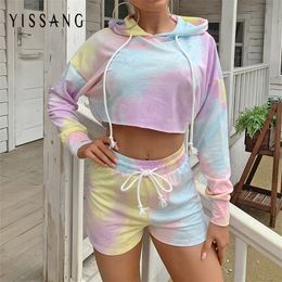 Yissang Tie Dye Cotton Summer 2 Piece Set Women Hoodie Crop Top And Short Pant Set TrackSuit Sexy Two Piece Set Casual Clothing T200718