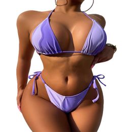 Women's Swimwear Sexy Women Purple Micro Thong Halter Lace Up Bikini Set Side String Tie Bathing Suit Stitching Color Two Pieces