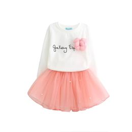 Baby girls flower outfits Long sleeve Letter print top+lace tutu pearl skirts 2pcs/set Autumn Baby suit Boutique kids Clothing Sets