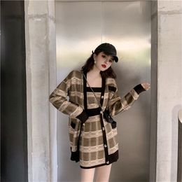 Women's Autumn Winter Plaid Cardigan Sweater Knit Suit New Korean Knit Sweater Camisole A Word Skirt Threepiece Ins ML168 210204