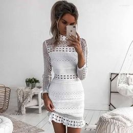 Casual Dresses Wavaiov2022 Vintage Hollow Out Lace Dress Women Elegant Long Sleeve White Summer Chic Party Sexy Vestidos Robe