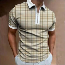 Summer Streetwear Clothing Men Fashion Plaid Short Sleeve Polo Shirts Casual Turn-down Collar Zipper Design Patchwork Tops 220402