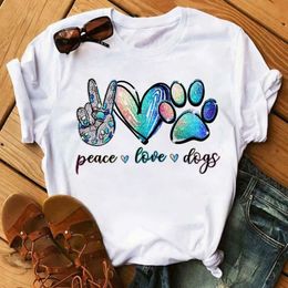 Maycaur Fashion Women Dogs Paws T Shirt Peace Love Funny Casual O-neck Short Sleeves T-shirt Summer Kawaii Female Tee