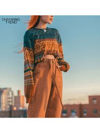 Chritmas Sweaters For Women Retro Chic Splicing Colour Hoodies Young Girls Winter Crop Tops Knitted Short Female Sweater 220815