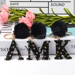 Trendy Black Pompom Letter Keychain English Alphabet Key ring Glitter Resin Car Mirror Accessory Women Handbag Charm Pendant Gift