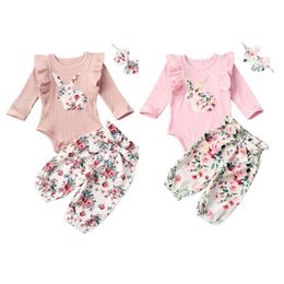 Clothing Sets Baby Girl Clothes Set Bodysuit Ruffle Romper Floral Pants Headband 0-24M Born Infant Toddler Spring Fall Casual OutfitClothing