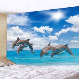 Tapestry Beautiful Sea Dolphin Wall Rugs Hanging Ocean Large Wave Decoration Yo