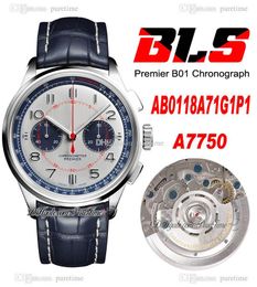 BLS Premier B01 42mm Eta A7750 Automatic Chronograph Mens Watch Steel White Blue Dial Number Markers Leather Strap AB0118A71G1P1 Super Edition Puretime 03d4