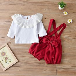 Clothing Sets Spring Baby Girls Clothes Set Long Sleeve Lace Collar White Tops Red Suspender Shorts 2pcs Girl Outfits Party Children's S