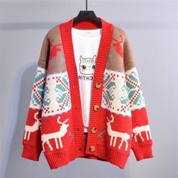autumn Women Fashion Korean Sweater Jackets DEER Christmas Long Knit Coat Oversized Knit Sweater and Cardigans Femme 201204
