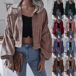 jacket New trendy women's clothing explosion style corduroy lapel solid color long-sleeved short zipper