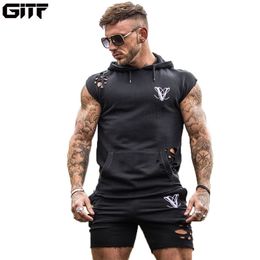 GITF Hip hop Hole men sports sets gym Running training suit male street clothing Running Fitness 2-piece sets men 201128