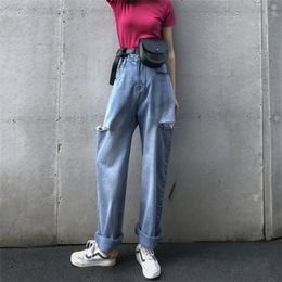 Woman Jeans High Waist Ripped Jeans Sale Items For Clothes Wide Leg Denim Clothing Blue Streetwear Fashion Vintage Pants T200608