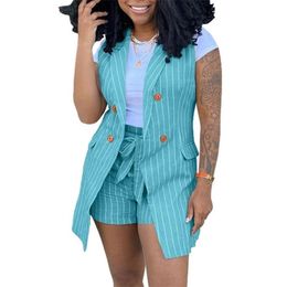 Two Piece Shorts Set Summer Women Sleeveless Stripe Pattern Suits Vest Jacket Womens Short Sets 220708