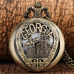 Bronze Hollow Out Georgia Case Watches Retro Arabic Number Quartz Pocket Watch for Men Women Necklace Chain Half Hunter Clock